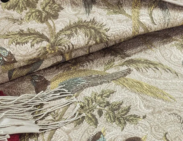 Blue American-style cotton bedspread with floral bird pattern and quilting texture