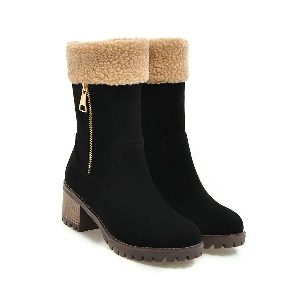 Waterproof snow boots with short plush lining in black, grey, green, or orange.