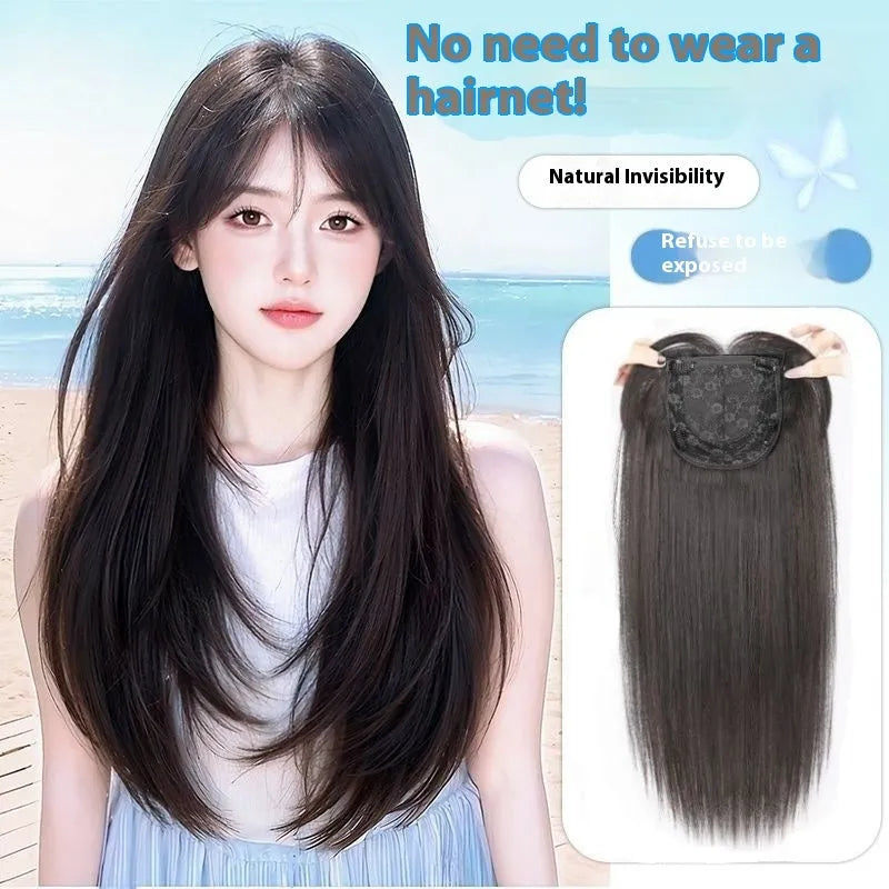 Black long straight high-layered women's wig with full-head hair net construction