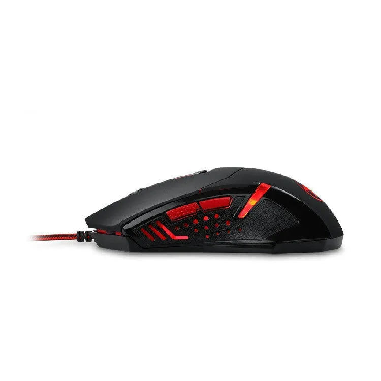 Black and red USB wired optical gaming mouse with six keys on an ergonomic shape.
