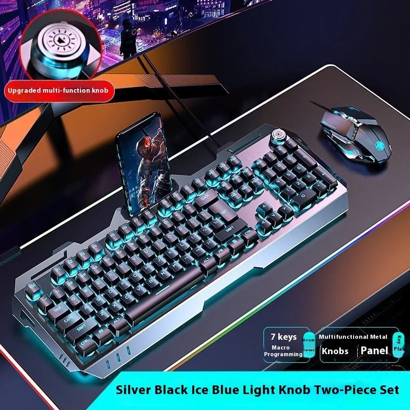 Aluminium mechanical-feel keyboard with control knob in silver black or metal grey colour with RGB lighting