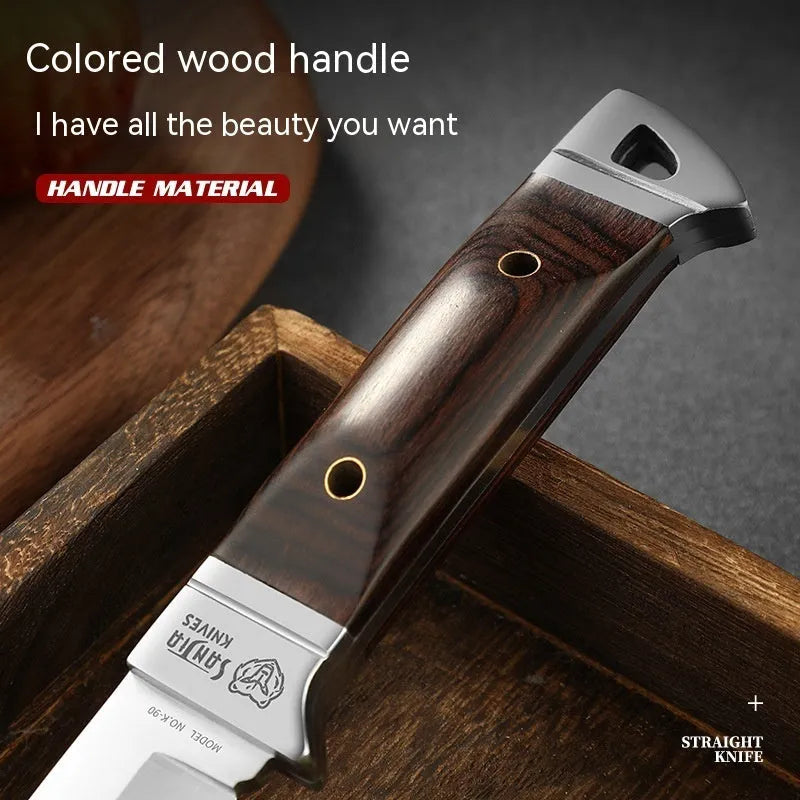 Stainless steel national style fruit knife shown with its brown leather protective case.