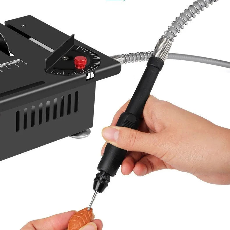 Cordless lithium-ion micro desktop saw with angle grinder design and five accessory attachments