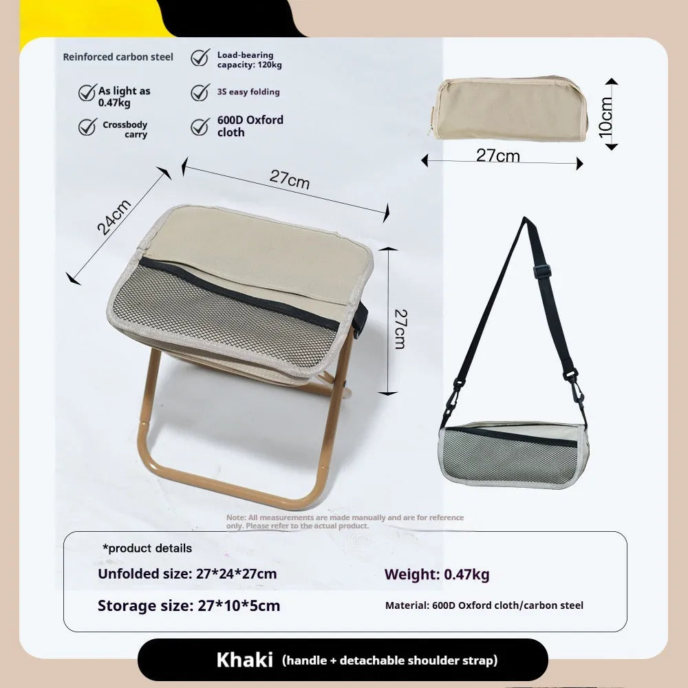 Lightweight foldable camp chair stool in Oxford cloth, shown in a khaki colour, folded into its compact pencil box shape.
