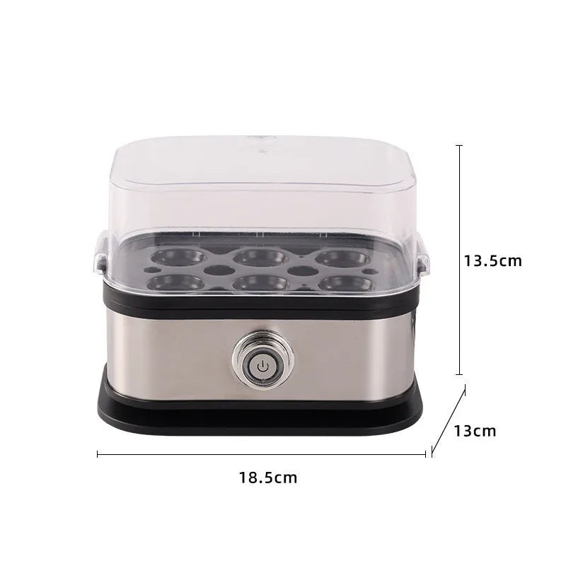 Black stainless steel portable egg boiler with universal voltage and international plug compatibility