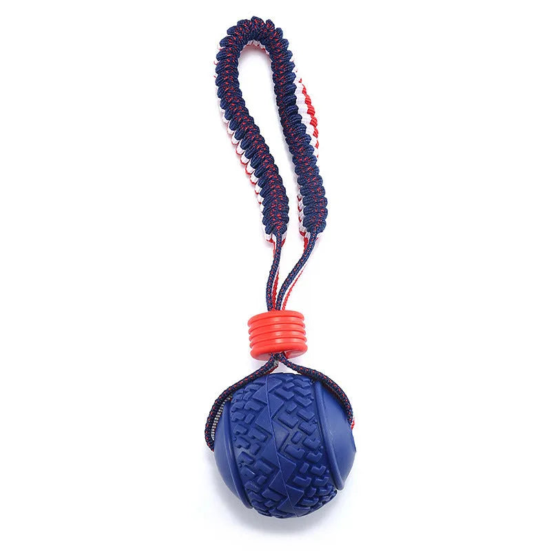 Blue dog ball with rope toy showing textured surface and 29cm length