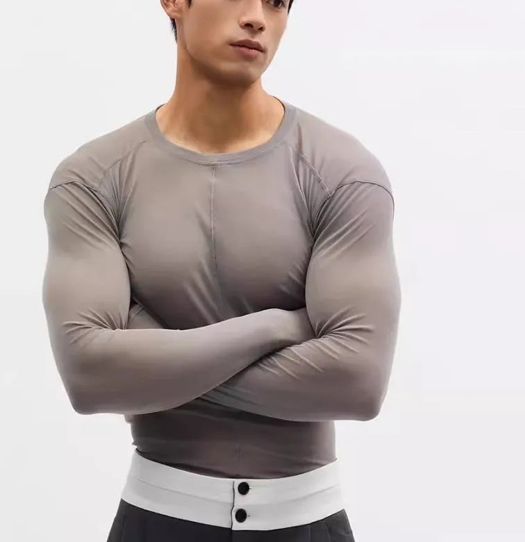 Black slim-fit mesh pullover with long sleeves and round neck