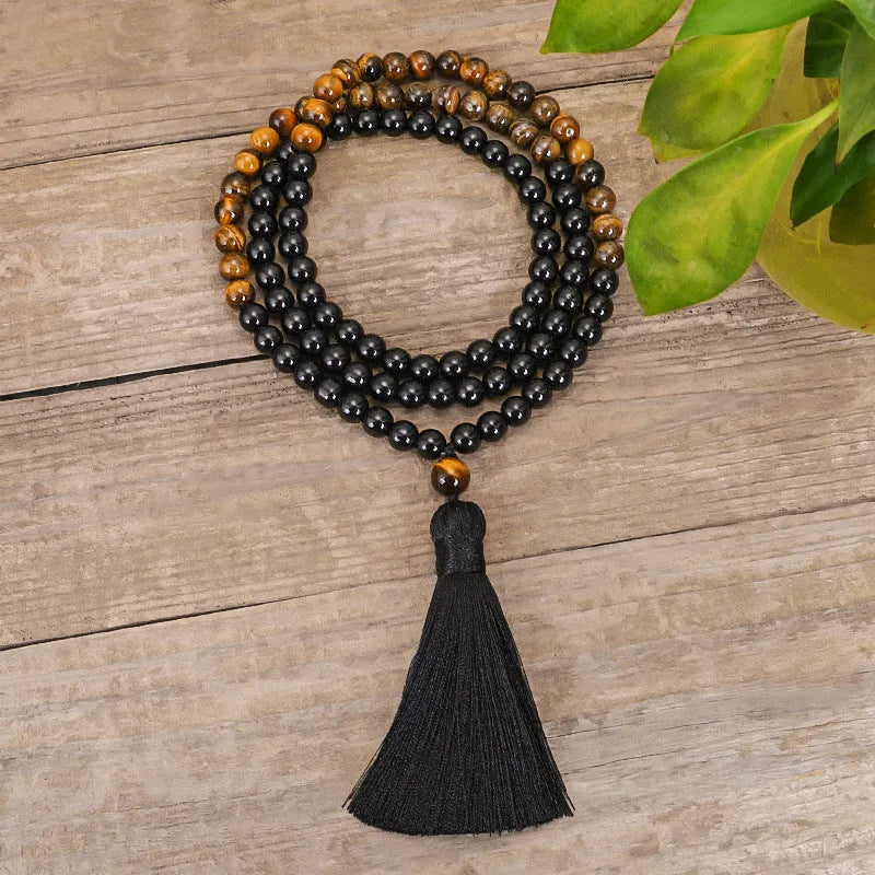 Tiger eye stone tassel necklace with 81cm length and ball bead chain, showing drop shape pendant