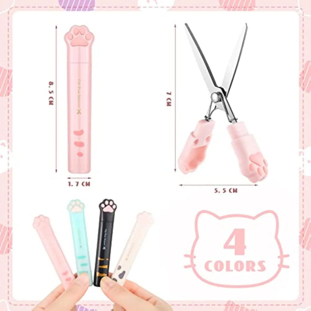 Cat paw mini folding scissors in four colours with stainless steel blades measuring 8.7 cm