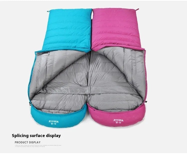 Black outdoor sleeping bag with white goose down fill and tear-resistant nylon fabric.