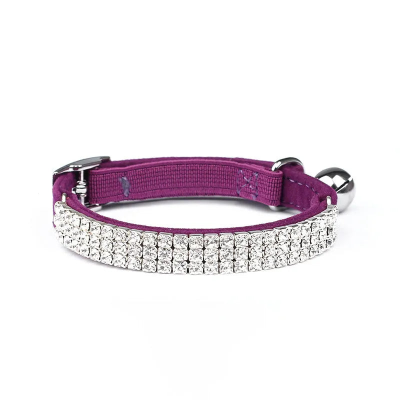 Red suede velvet cat collar with rhinestone, adjustable 20-30cm length.