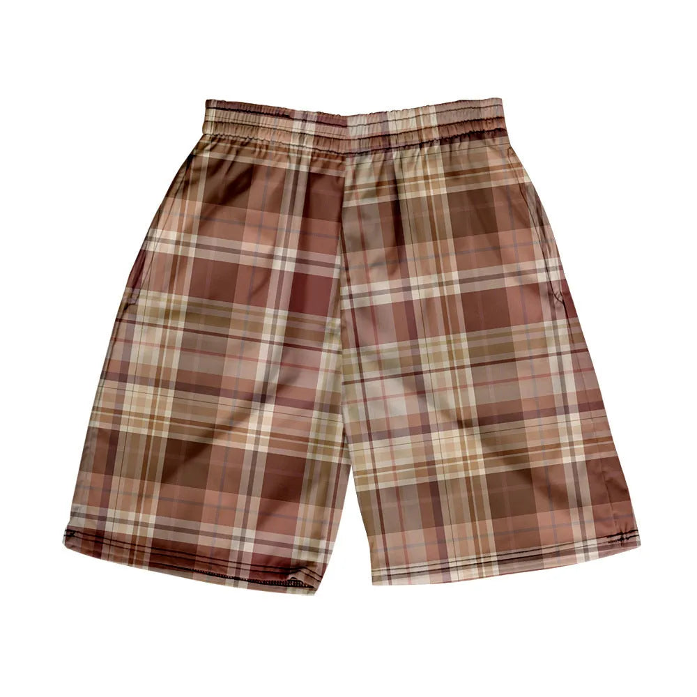 Men's plaid pattern casual shorts with an elastic waistband, shown in a straight-leg style.