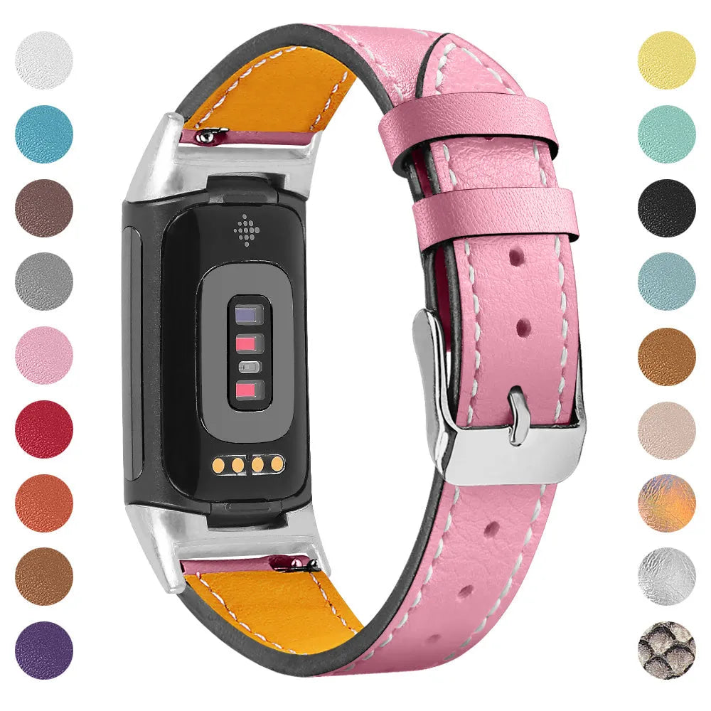 Genuine leather strap for Fitbit Charge 5 and Charge 6 smartwatches in multiple colour options.