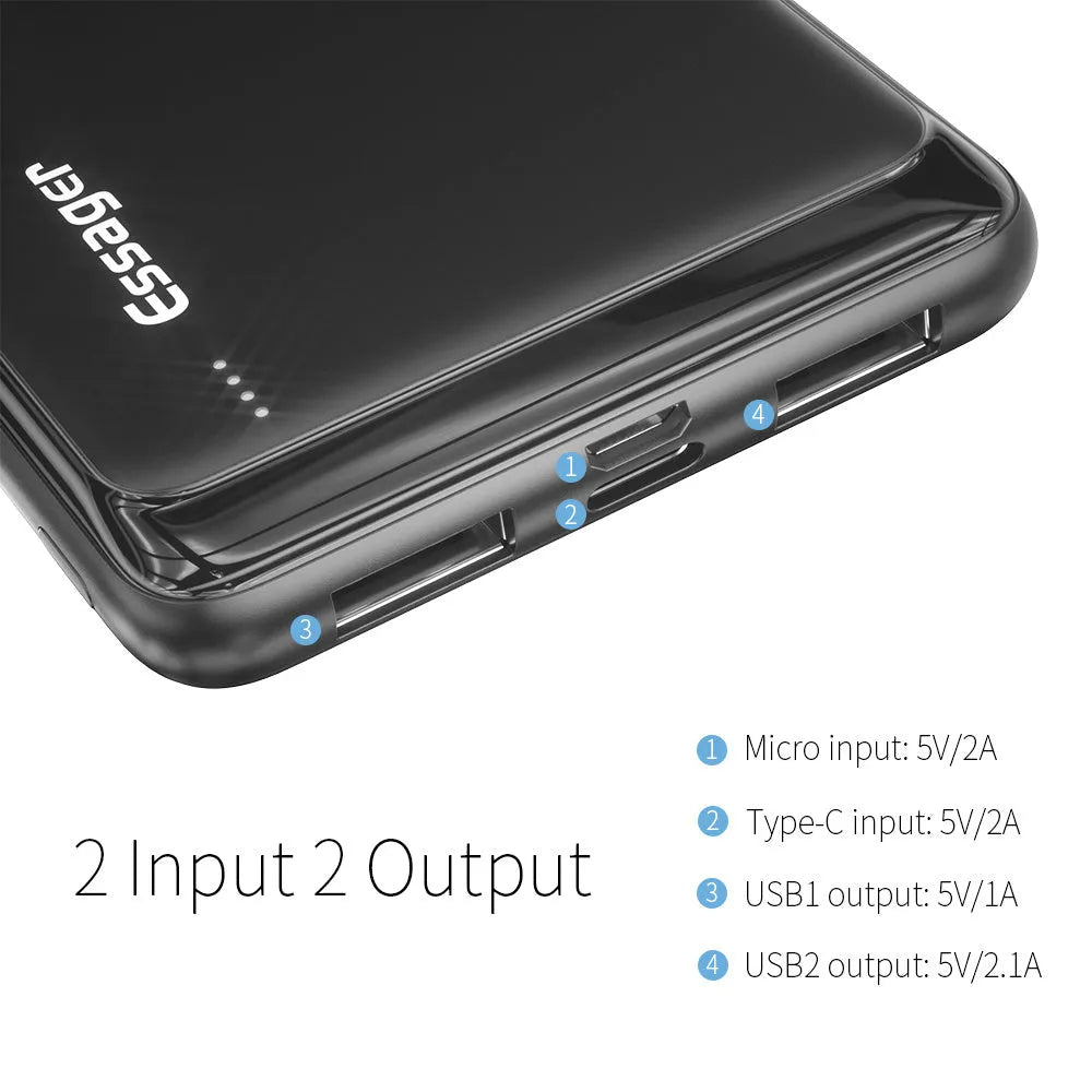 Essager 10000mAh portable power bank with LED indicators and dual USB ports in black