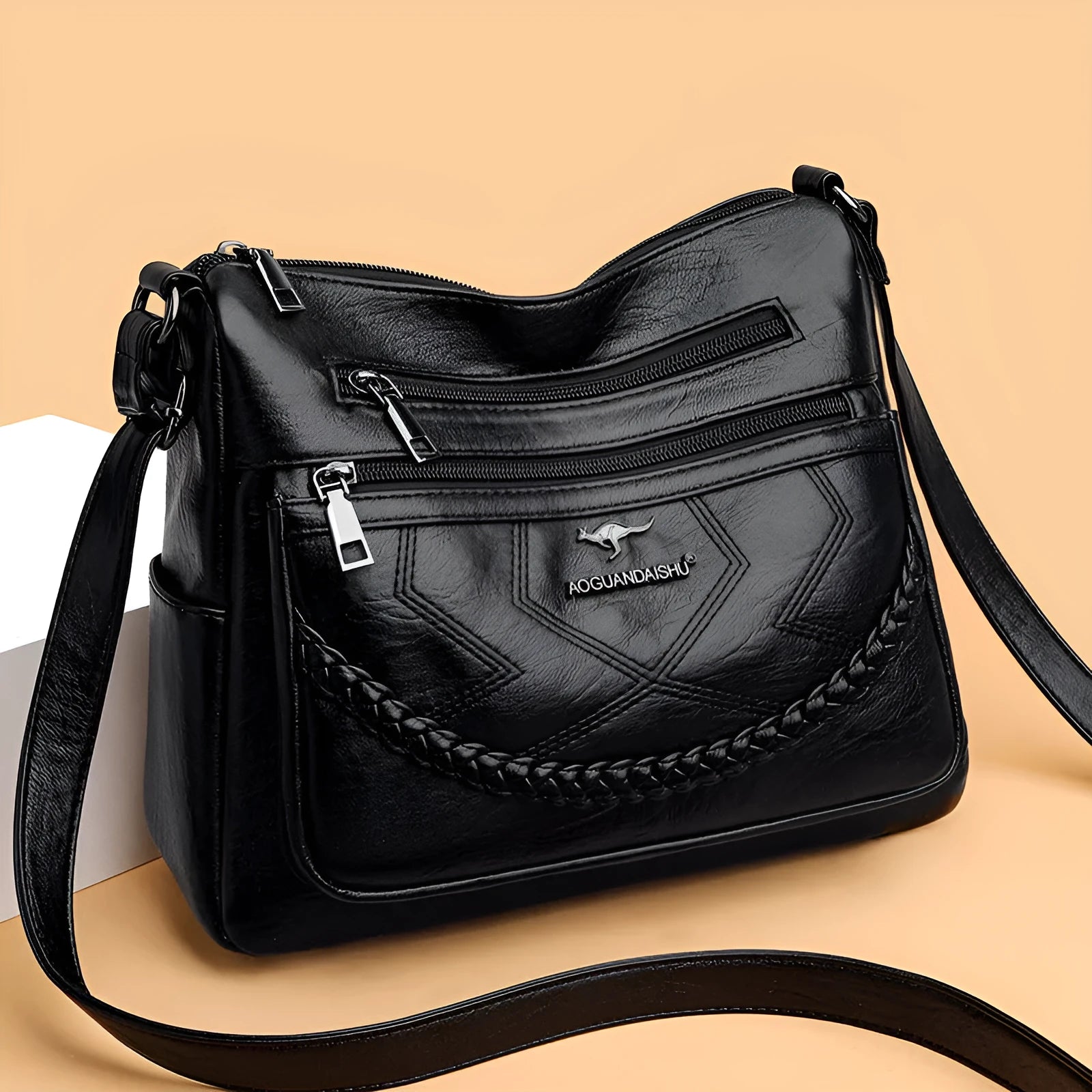 Soft PU leather women's shoulder bag in horizontal square design with crossbody strap