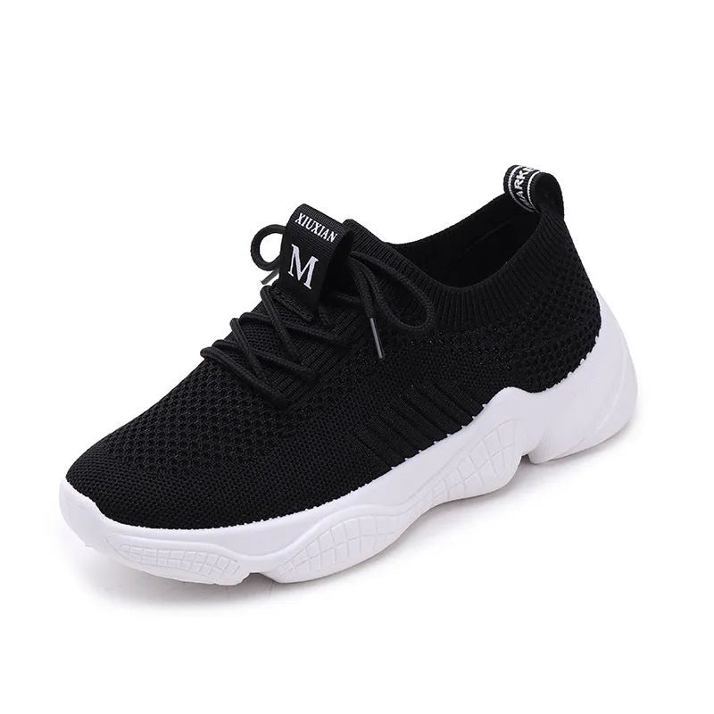 Women's white thick-soled flying woven casual sports shoes with front strap closure