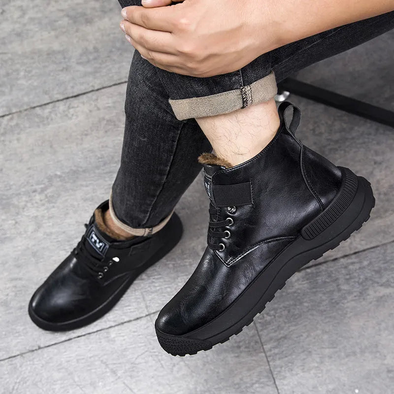 Black and brown high-top platform Martin boots for men with artificial PU uppers and visible stitching detail