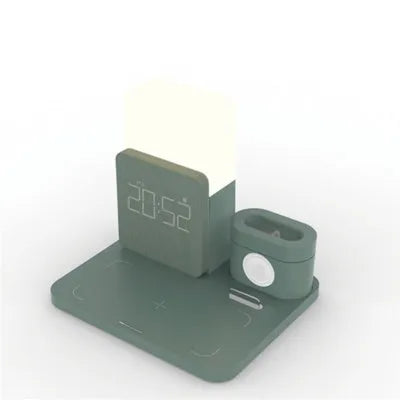 Dark green foldable 3-in-1 wireless charging stand with phone, watch, and earbuds charging simultaneously