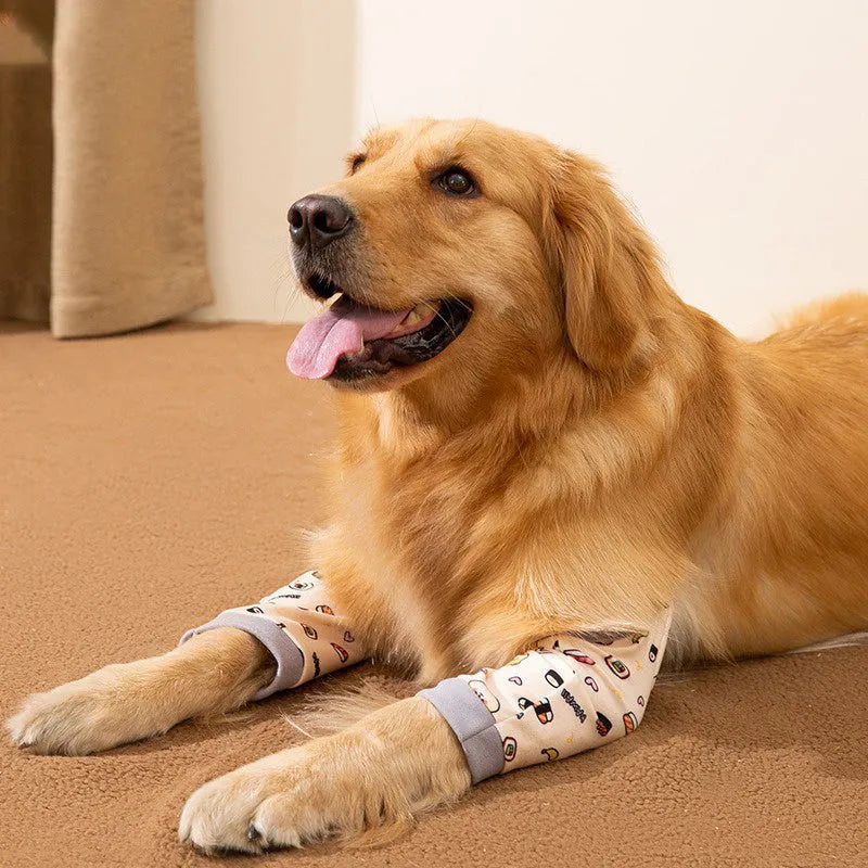 Adjustable dog knee protector with elbow padding and matching scarf in blue, grey or yellow colours