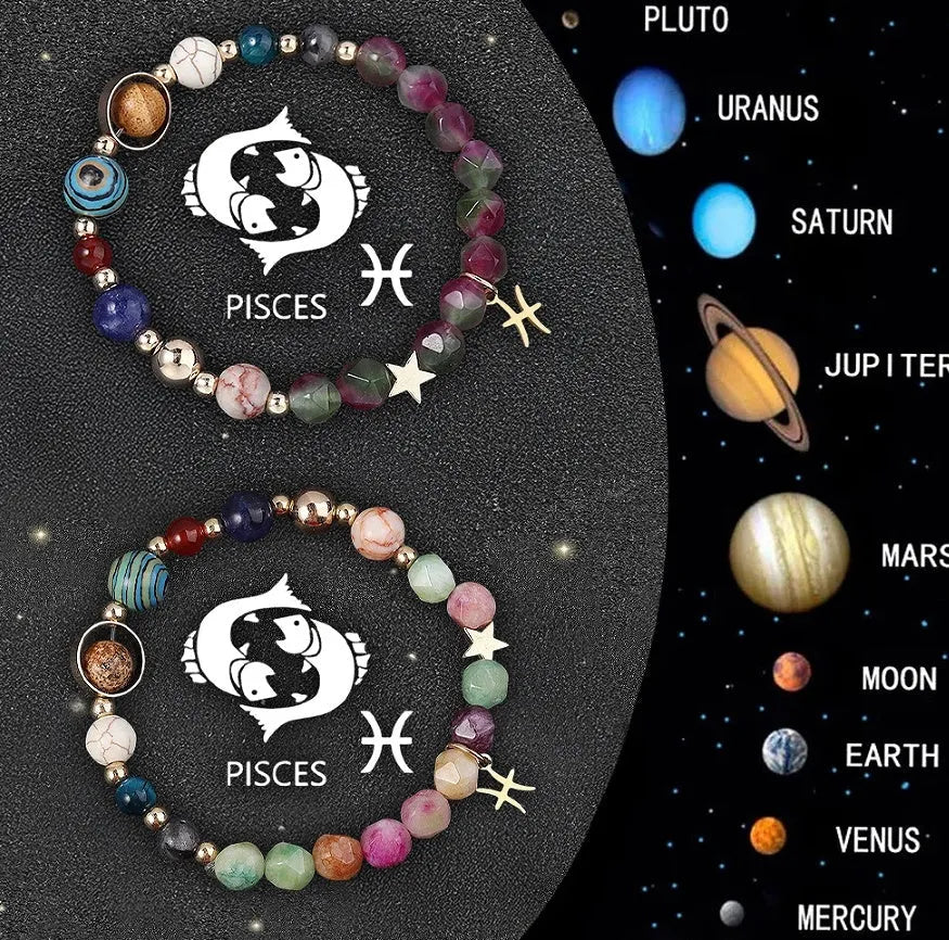 Twelve zodiac sign bracelets with natural stone beads arranged in a circle showing different designs