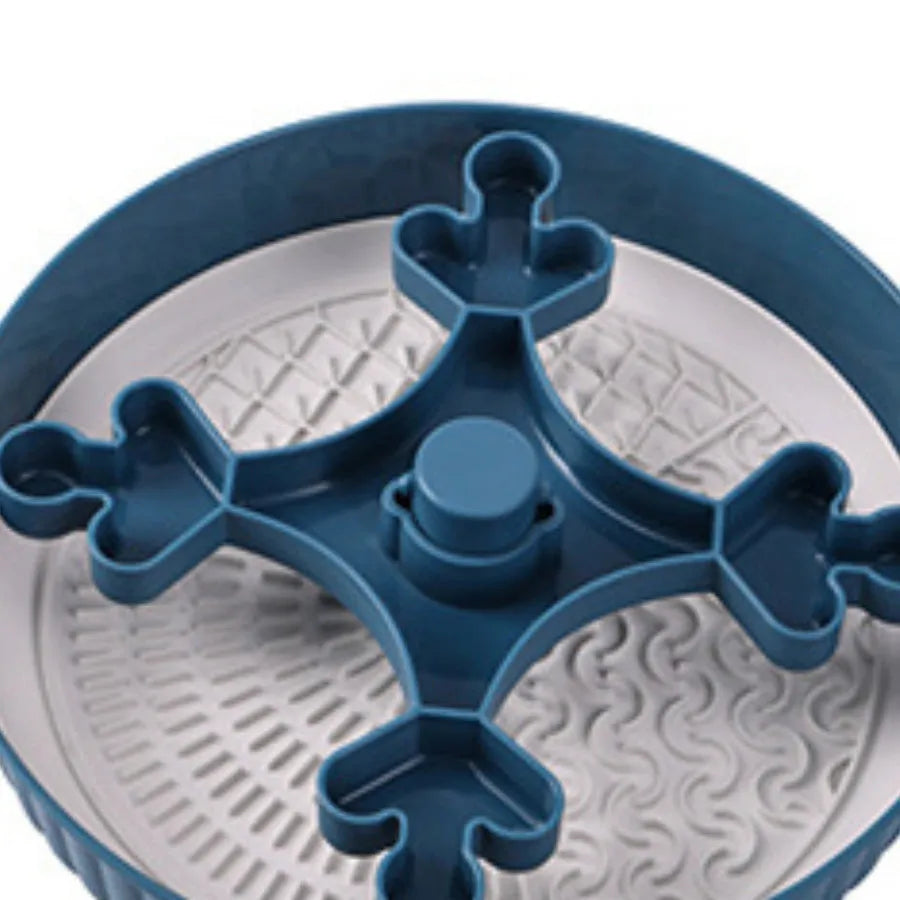 Interactive rotating slow feed pet bowl with silicone licking mat in blue windmill pattern