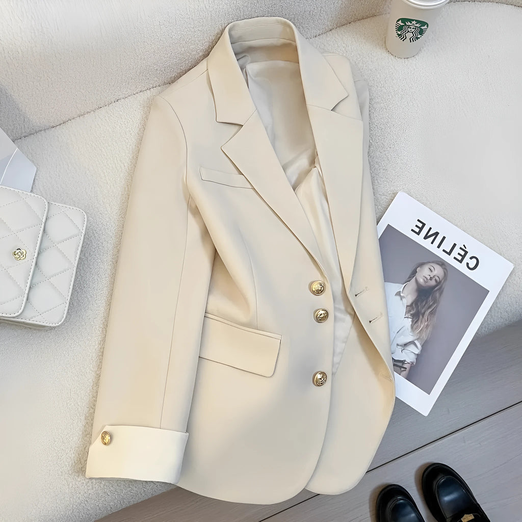 Women's Korean style loose fit polyester trench coat in milky white showing medium length and pocket details