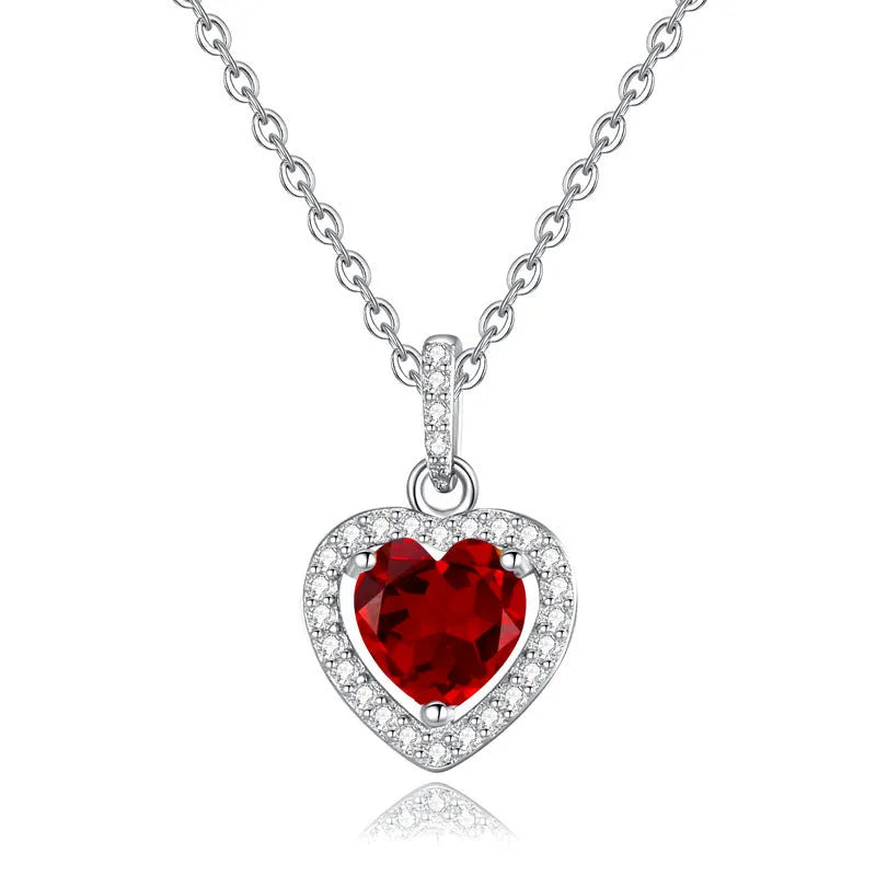 Sterling silver heart pendant necklace with natural gemstone on adjustable cross chain