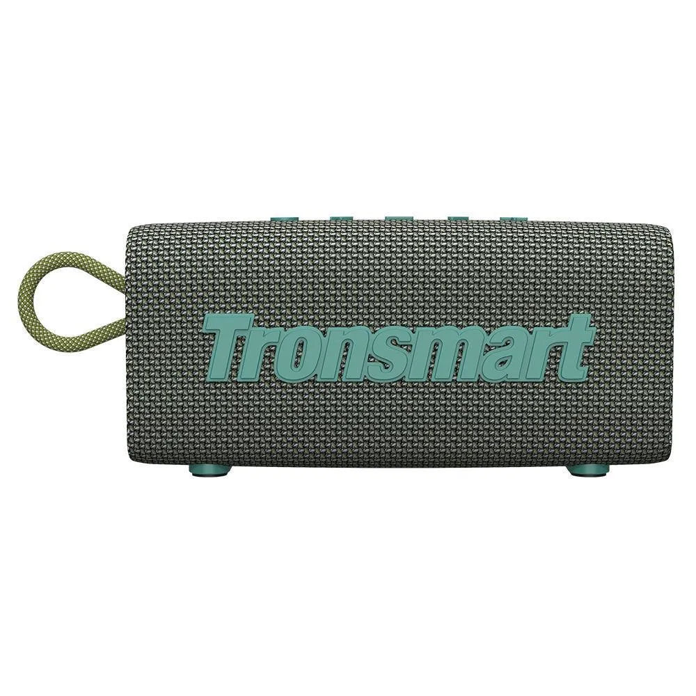 Portable waterproof Bluetooth speaker in black showing control buttons and lithium battery compartment