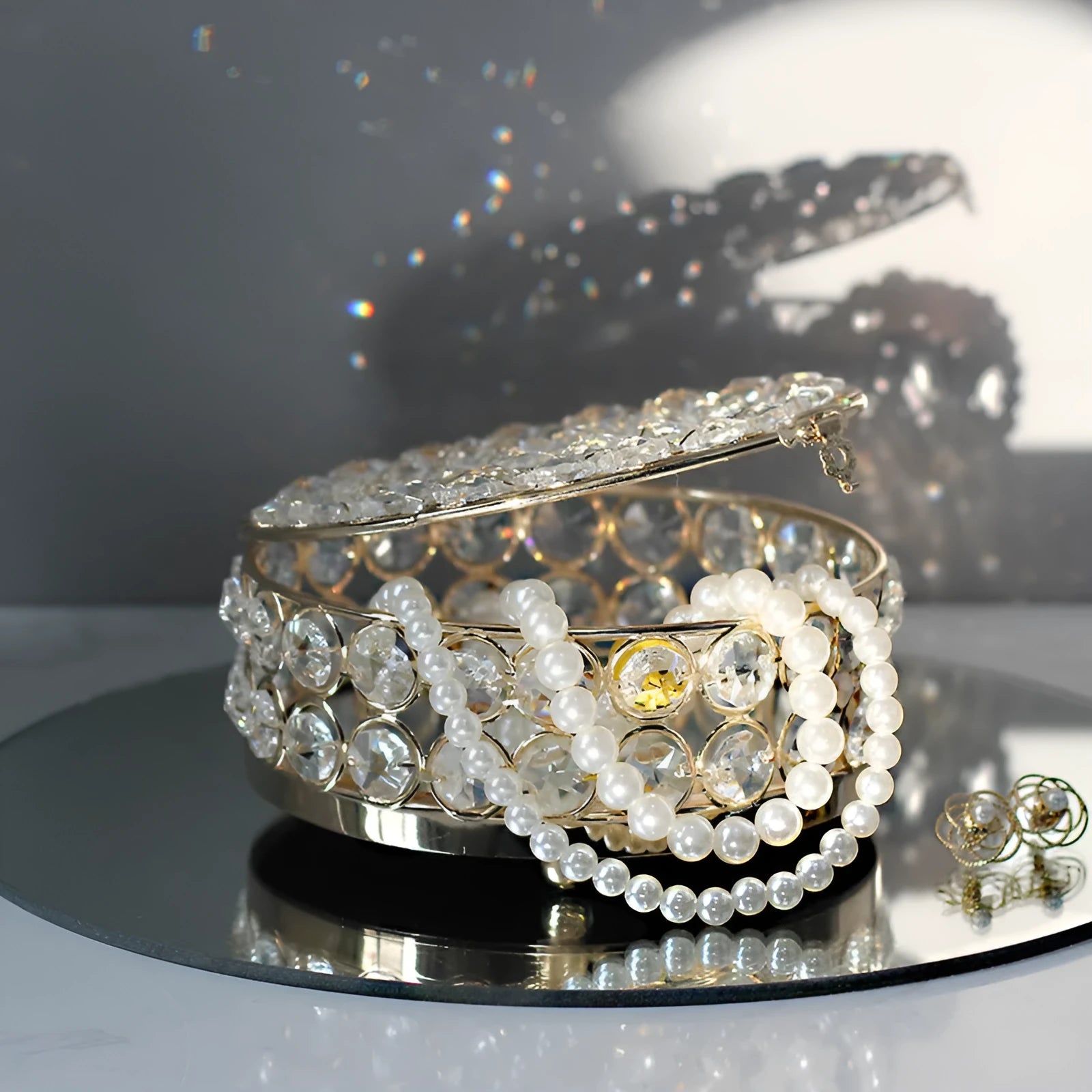 French gold European style jewelry storage box with crystal glass transparent panels and iron construction