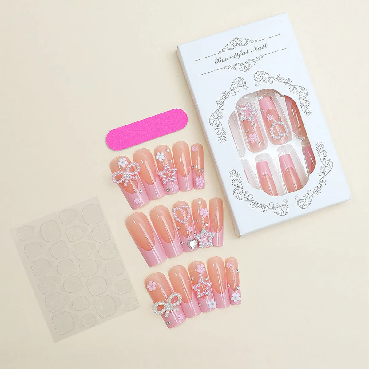Super long pointed false nails with French spot drill bow design and love pattern in colour XB-70-48.