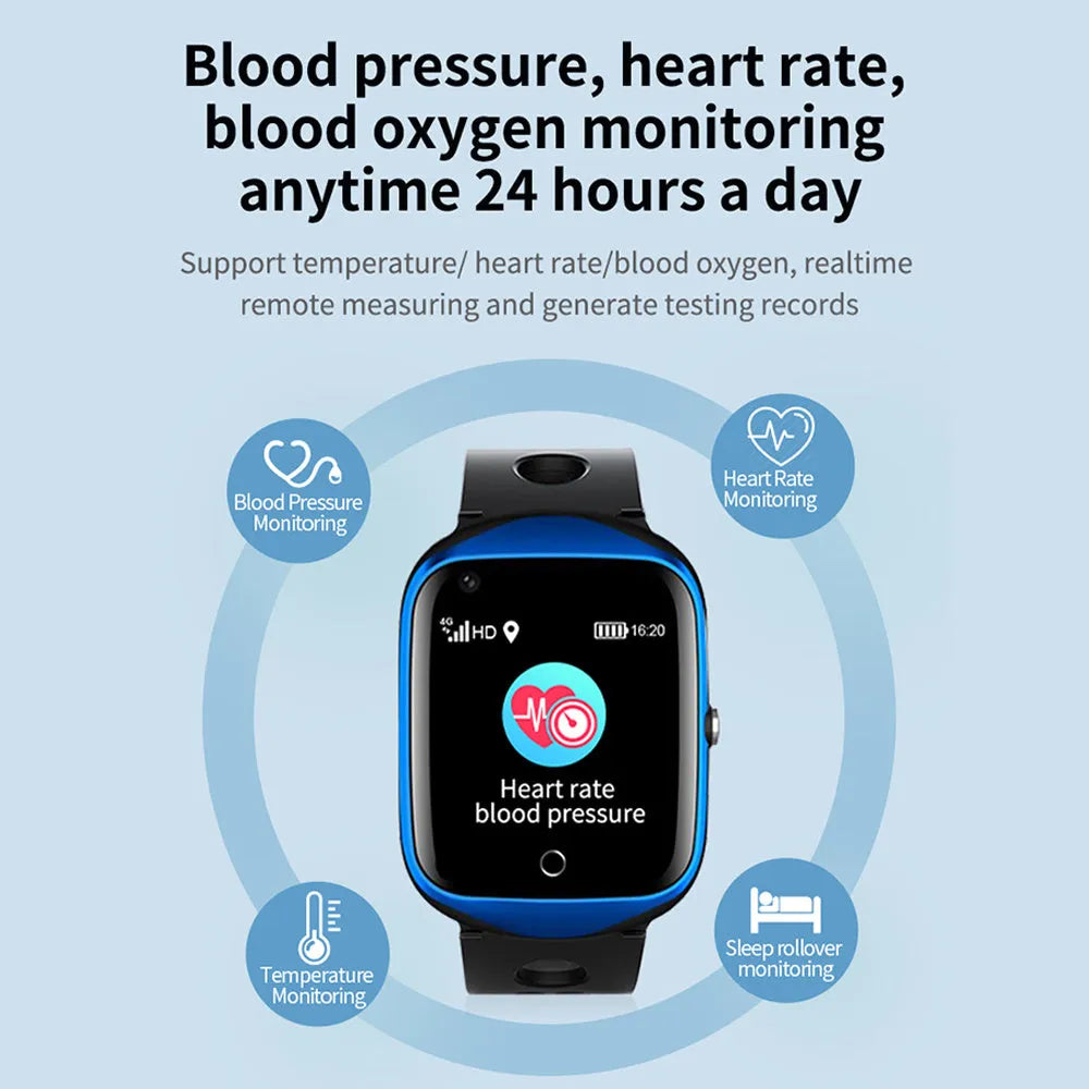 Square smartwatch for elderly with GPS tracking and SOS button shown in black, blue, and silver colour options