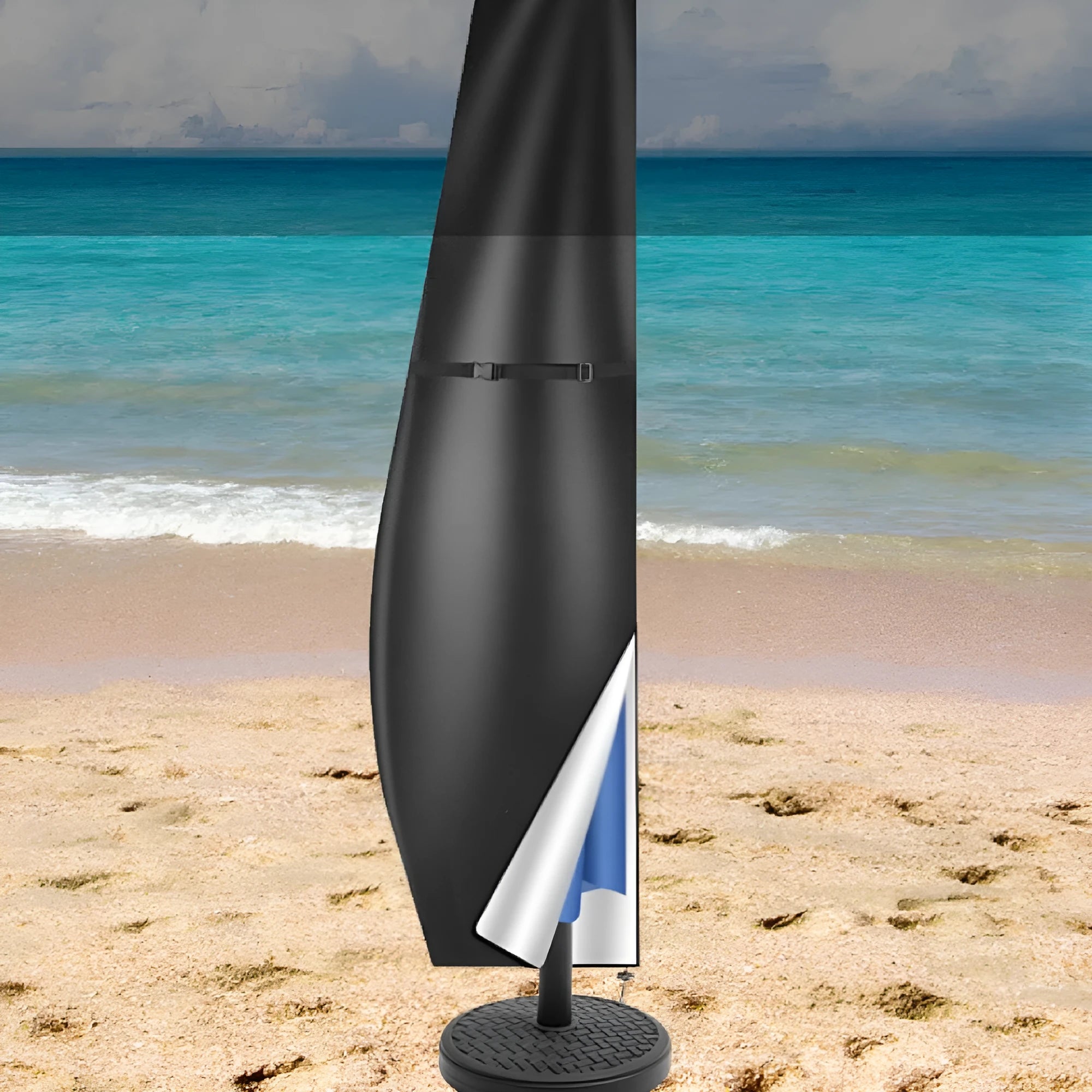 Black waterproof Oxford cloth cover for a banana-shaped offset outdoor umbrella.