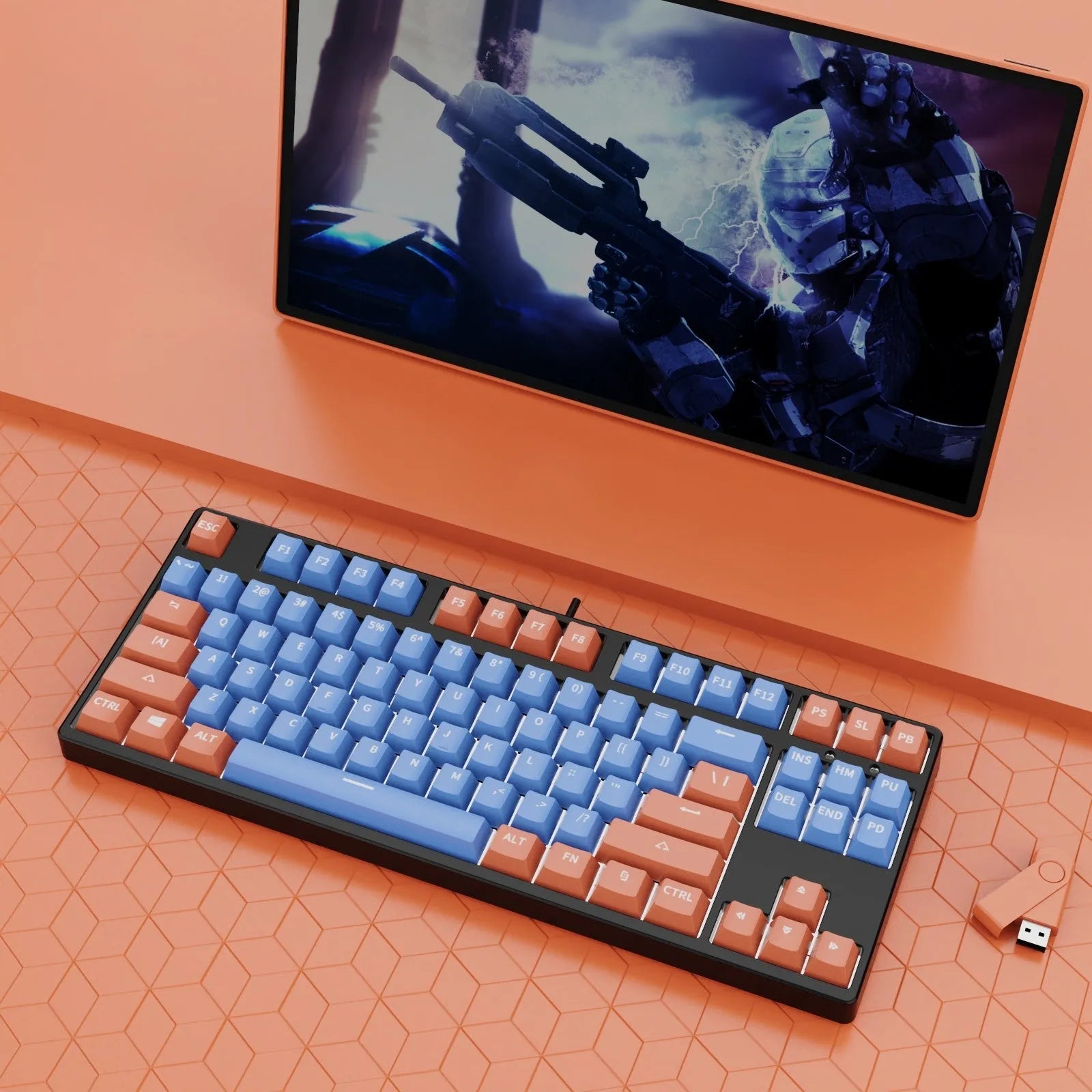 87-key wired mechanical keyboard with hot-swappable sockets showing colour options and included accessories