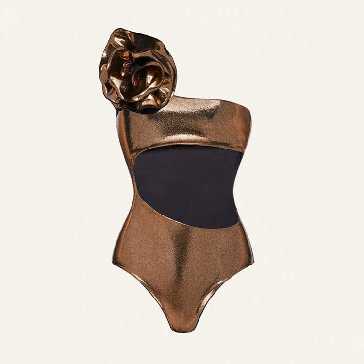 Gold handmade one-piece swimsuit with hollow out design and halter neck