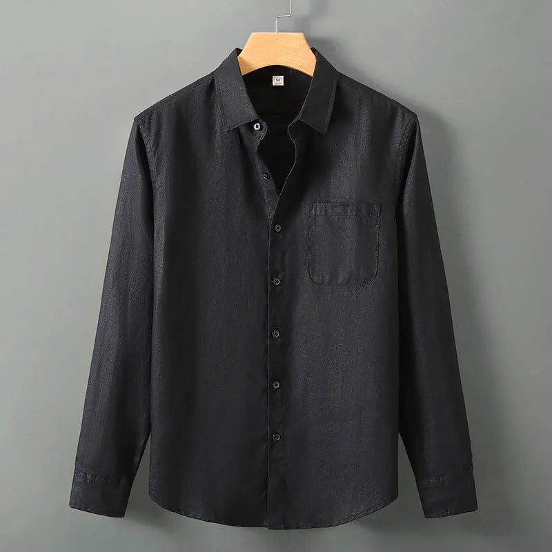 Linen long sleeve cardigan shirt in a loose Chinese style, shown in a solid colour.