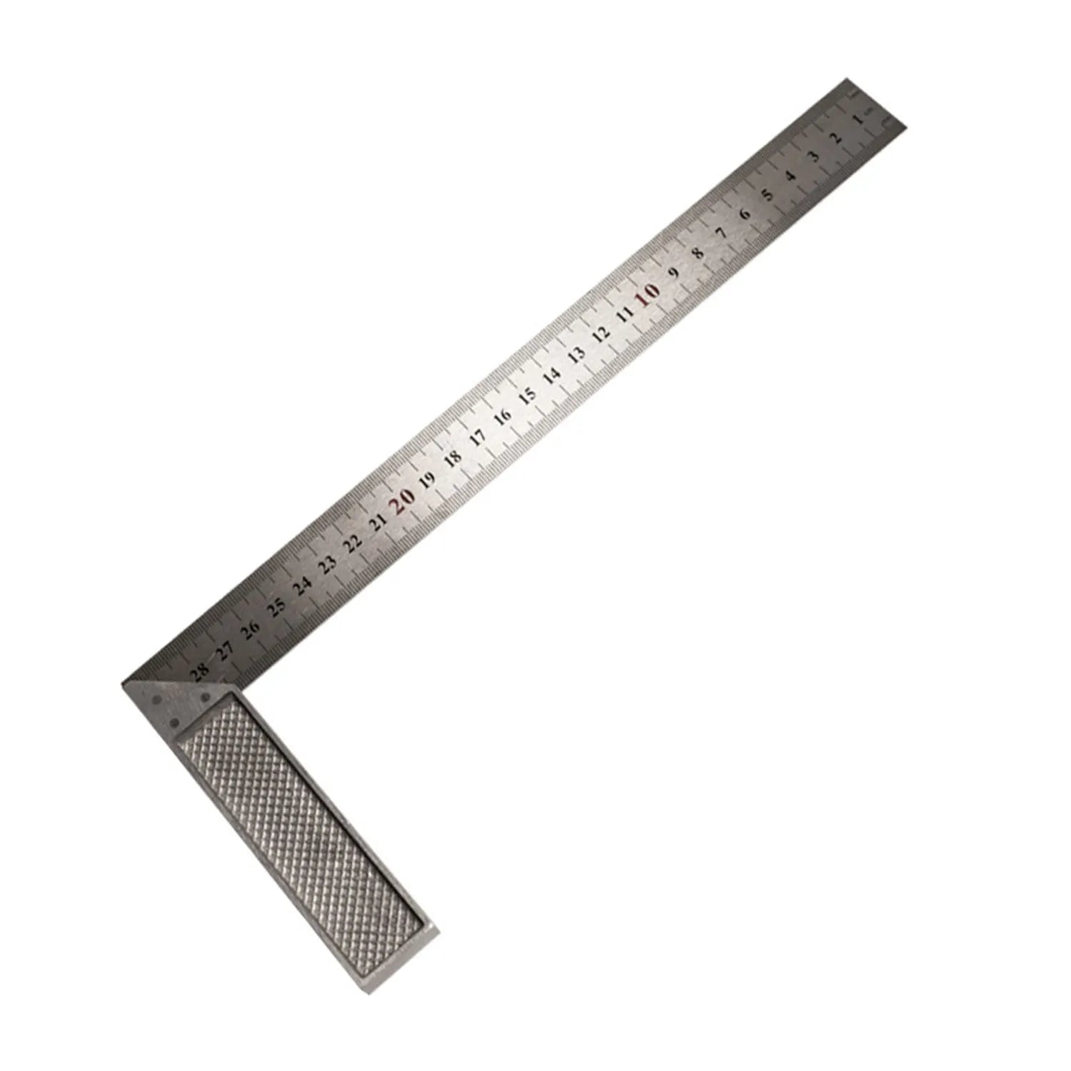 Two red metal combination angle rulers with metric markings in transparent storage bag for civil surveying