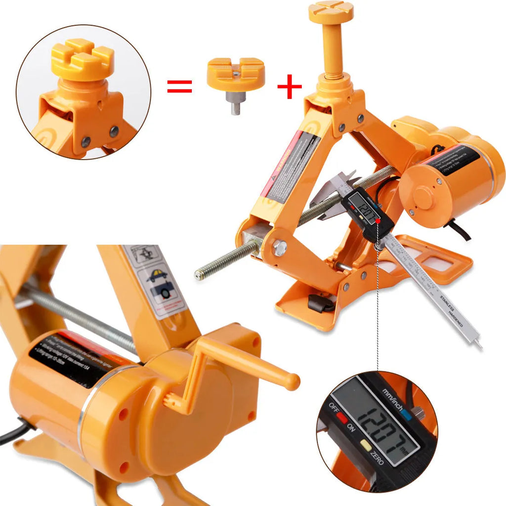 Yellow electric car jack set with powered wrench for tyre changes and vehicle lifting