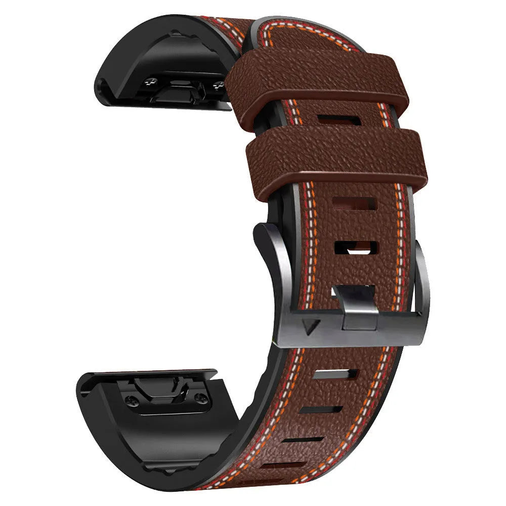 Silicone leather watchband for Garmin Fenix smartwatches with quick release bars in black colour.