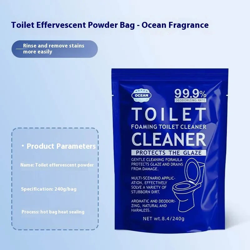 Toilet bubble powder cleaning product in blue ocean or pink floral fragrance, offered in boxed sachets or a large bag.