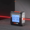 Digital laser infrared tape measure inclinometer with alloy casing and backlit display on a metal surface.