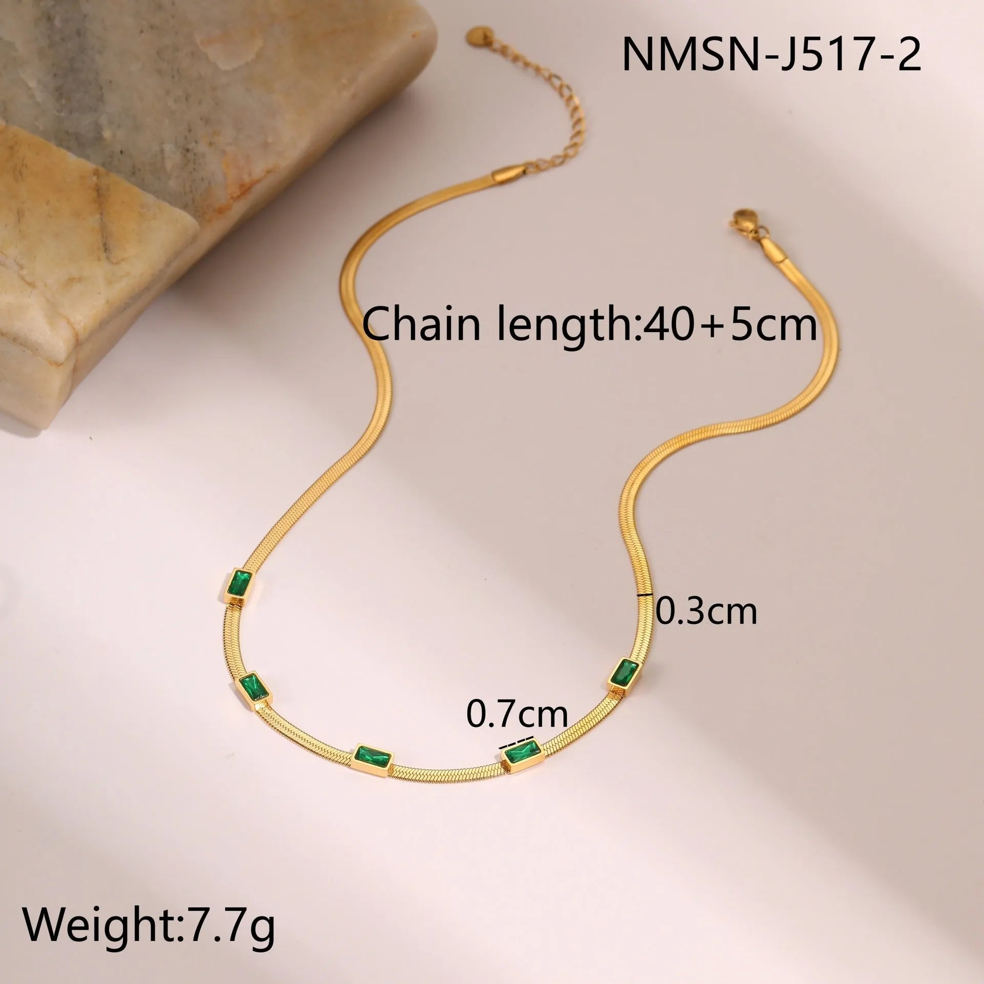 Retro geometric square zircon necklace in stainless steel with gold electroplating and flat snake-like chain links
