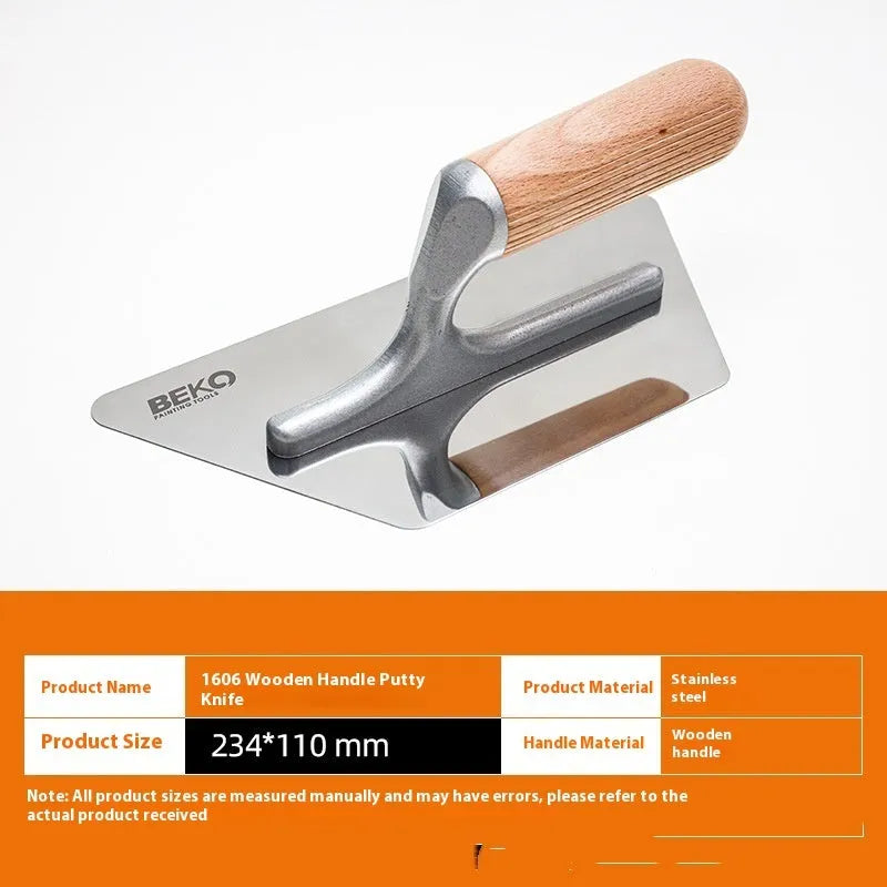 Three stainless steel putty scrapers with wooden handles in different sizes for decorative floor and wall application