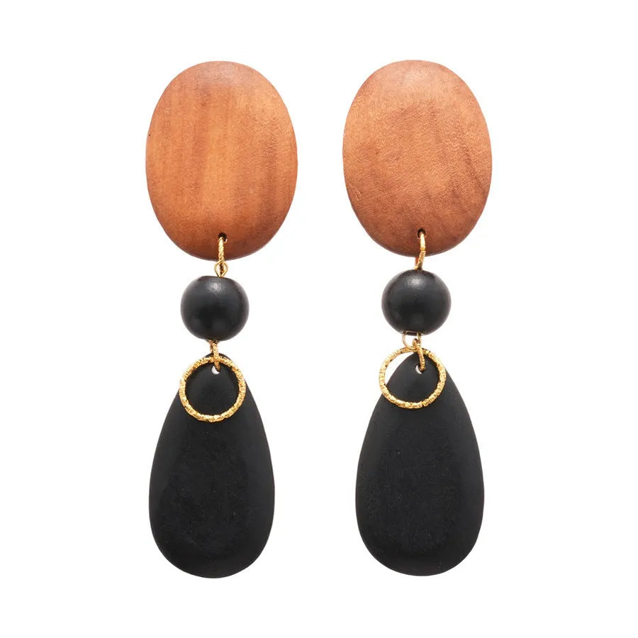 Handcrafted wooden ellipse earrings in silver brown black colours with retro European American style