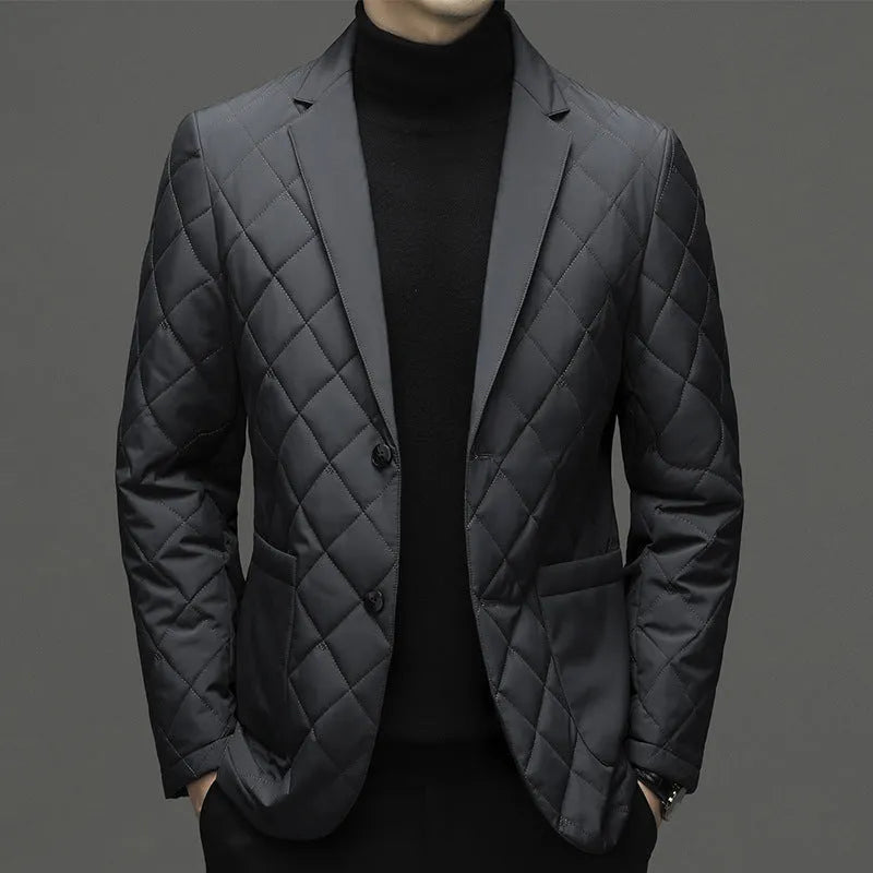Men's thick lapel down jacket with side seam pockets in black, dark grey or shrimp blue