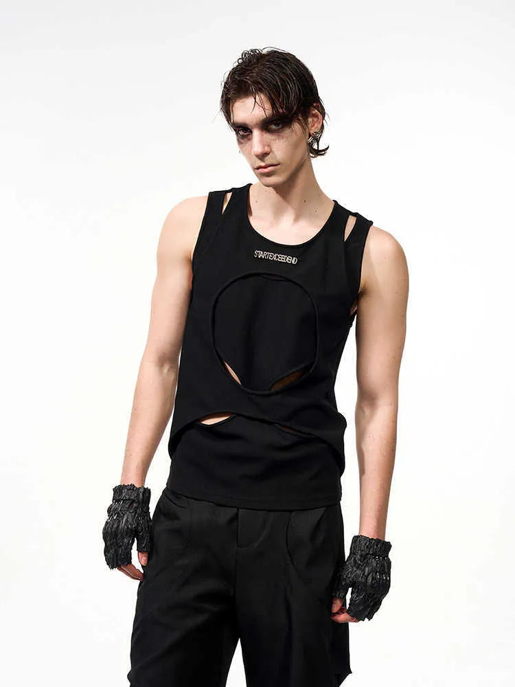 Men's black sleeveless pullover waistcoat with white hollow thread detailing and a round neck.