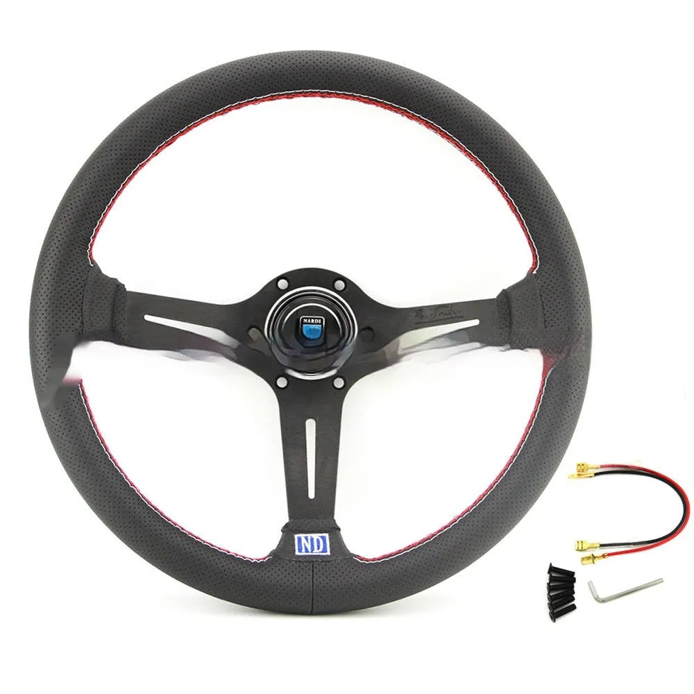 Leather 14-inch middle concave steering wheel showing silver black colour with skeleton construction