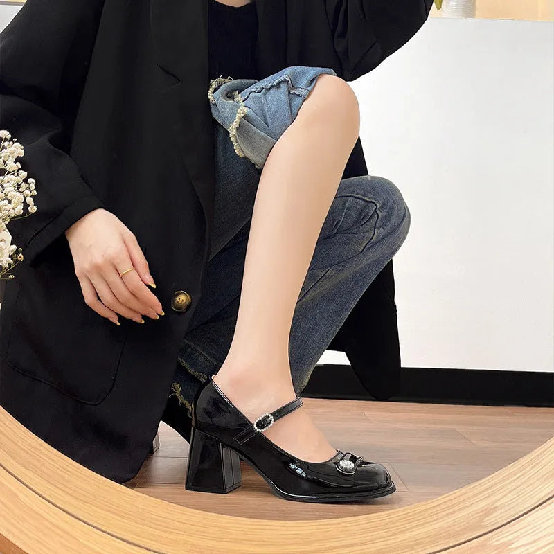 Women's black patent leather chunky heel round toe shoes with buckle strap