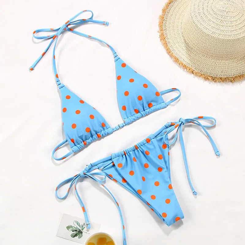Women's polka dot print bikini in brown dot, watermelon gradient, and orange dot patterns