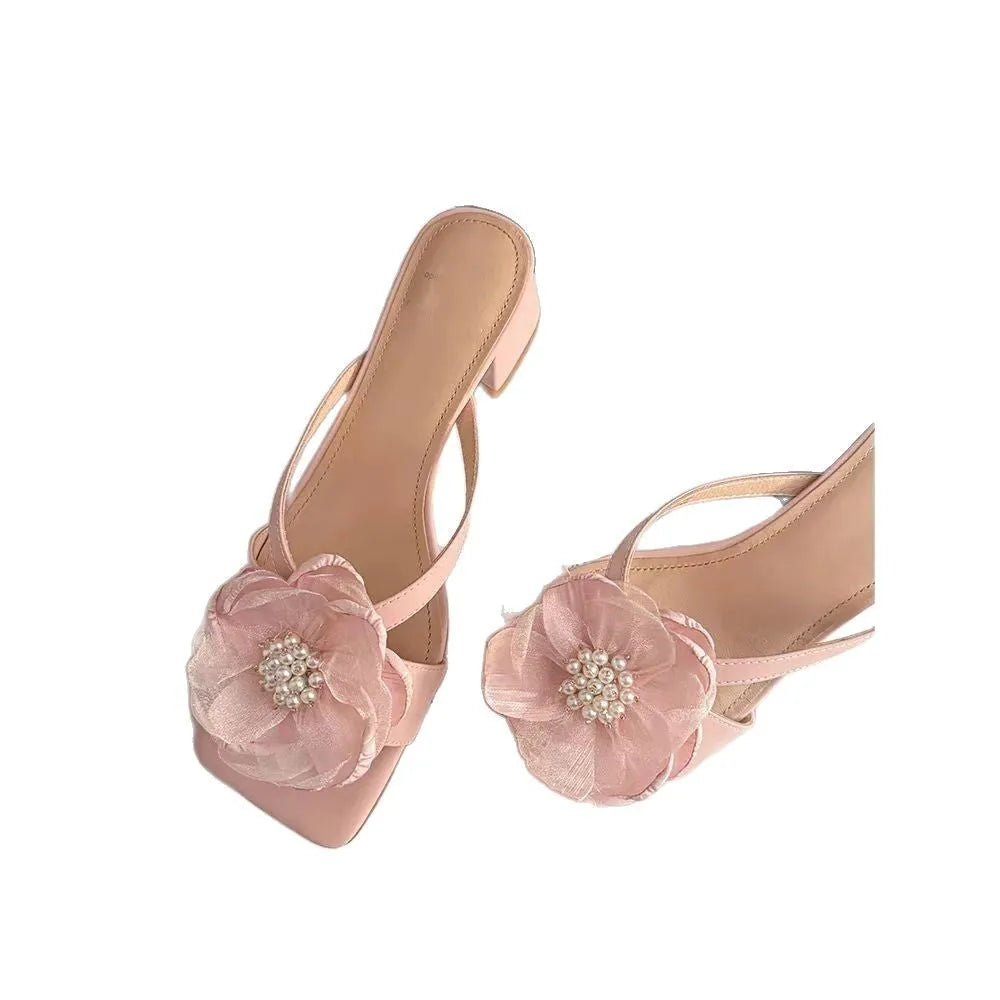 Women's chunky heel sandals with satin square toe and ankle strap in cream white.