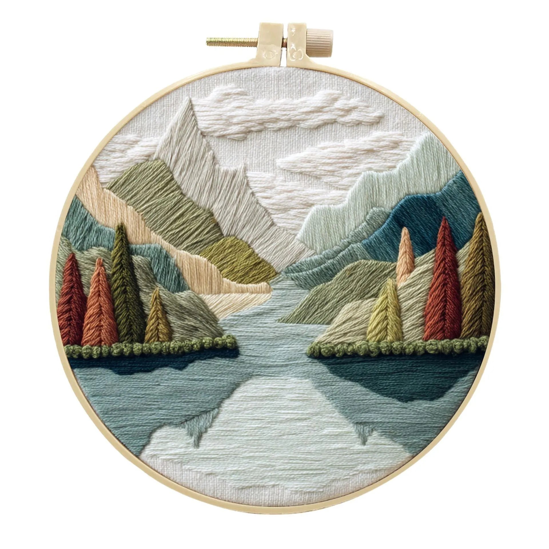 Embroidery kit with cotton fabric, bamboo frame, threads, and printed landscape design for DIY textile art